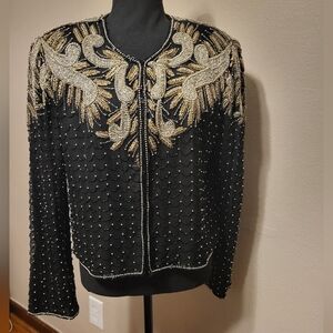 Vintage Laurence Kazar Black and Gold Beaded Silk Jacket Size XL